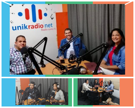 En la imagen aparece un collage con tres fotos en cabina. En la primera fotografía de izquierda a derecha, los conductores David Vásquez, Kerkdenny Medina y Angela Marzo; en la segunda Kerkdenny Medina y la intérprete de lengua de señas Sonia Encarnación; en la tercera los conductores Kerkdenny Medina y Angela Marzo, acompañados del Profesor Miguel Marte y su perro guía.
